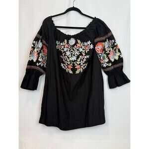 Free People Black Floral Embroidered Off Shoulder Bell Sleeve Boho Top